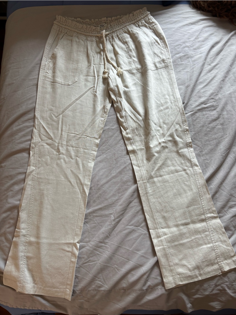 Roxy Oceanside Linen Blend Pants Cream Wide Leg Drawstring Size L NWT
